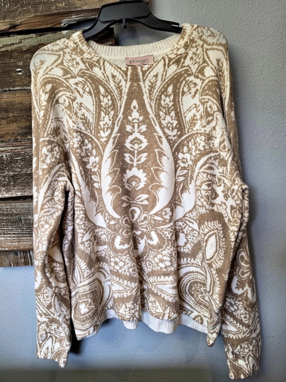 philosophy Printed Crewneck Sweater Paisley Sweater in Cream & Brown Size XL NWT